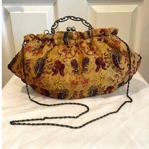 Braciano Beaded Floral Pouch Bag Gold Crossbody Kiss Lock Clutch